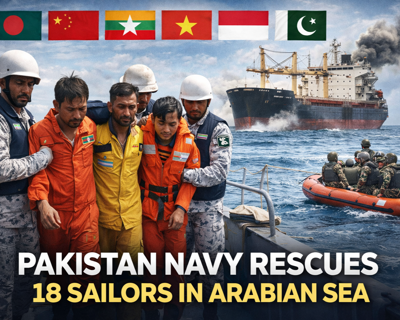 আরব সাগরে বিপদে পড়া জাহাজ থেকে বাংলাদেশিসহ ১৮ নাবিক পাকিস্তান নৌবাহিনী কর্তৃক উদ্ধার