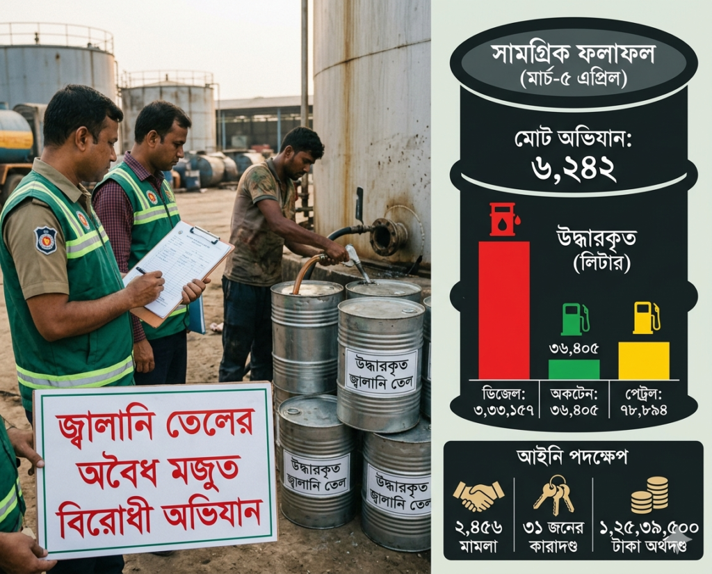 জ্বালানি তেলের অবৈধ মজুত বিরোধী অভিযানে ৩ মাসেই পৌনে ৫ লাখ লিটার তেল উদ্ধার