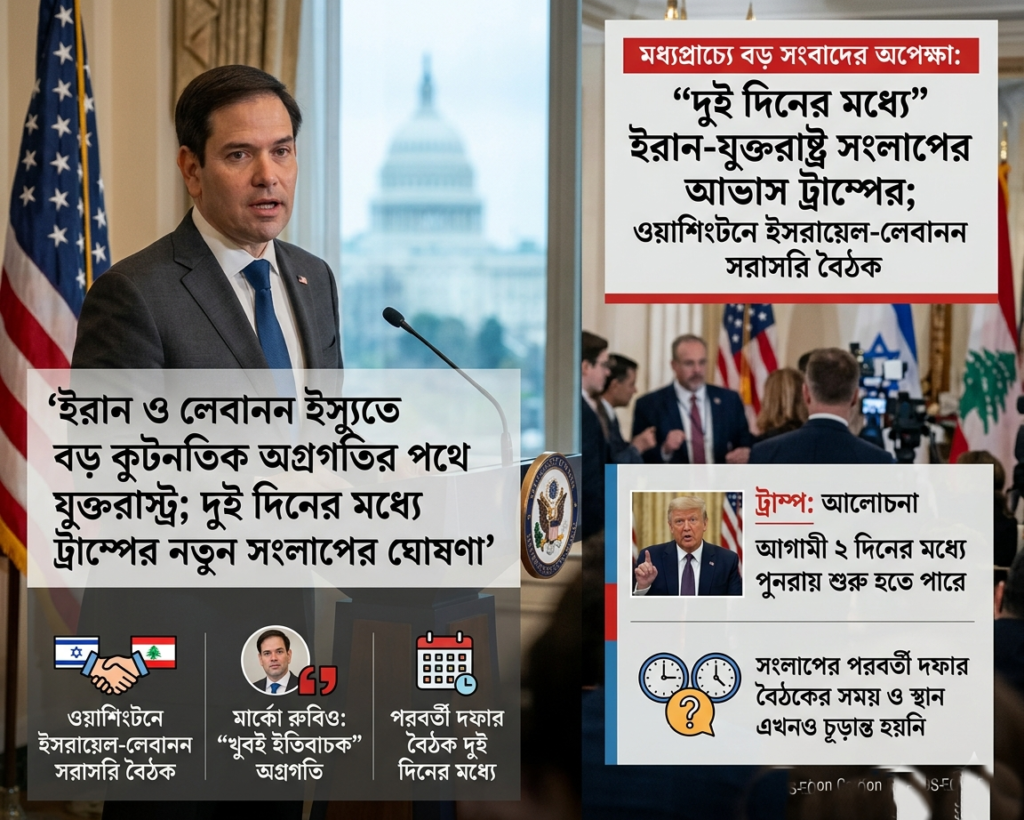দুই দিনের মধ্যে ইরান-যুক্তরাষ্ট্র সংলাপের আভাস ট্রাম্পের এবং ওয়াশিংটনে ইসরায়েল-লেবানন সরাসরি বৈঠক
