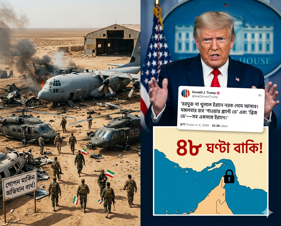 মার্কিন উদ্ধার অভিযান নস্যাতের দাবি ইরানের; ট্রাম্পের ৪৮ ঘণ্টার আল্টিমেটাম: “ইরানে নরক নেমে আসবে”