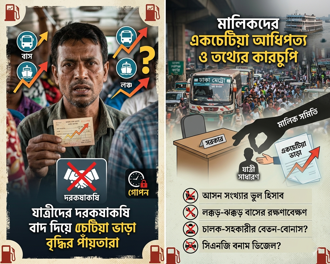 বাস ও লঞ্চ মালিক সমিতির একচেটিয়া ভাড়া বৃদ্ধির পাঁয়তারা; কঠোর আন্দোলনের হুঁশিয়ারি যাত্রী কল্যাণ সমিতির