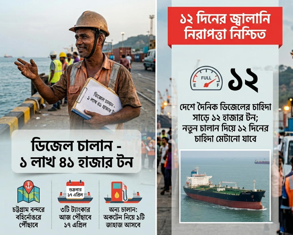 ১ লাখ ৪১ হাজার টন ডিজেল নিয়ে ৪ জাহাজ আসছে; ১২ দিনের জ্বালানি নিরাপত্তা নিশ্চিত