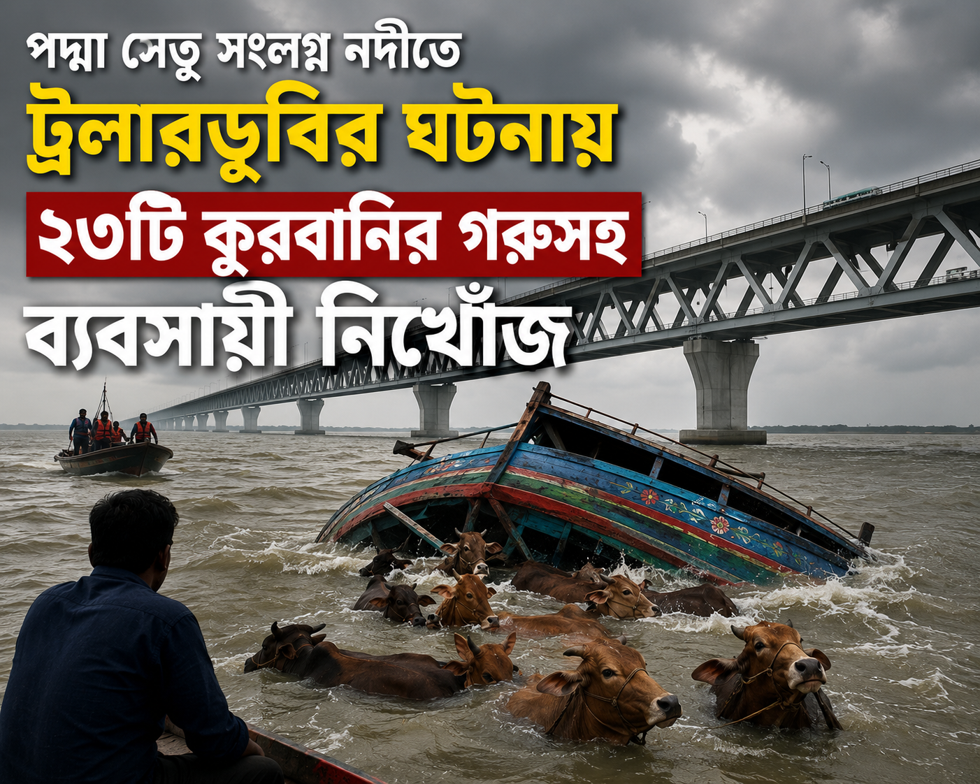 পদ্মা সেতু সংলগ্ন নদীতে ট্রলারডুবির ঘটনায় ২৩টি কুরবানির গরুসহ ব্যবসায়ী নিখোঁজ