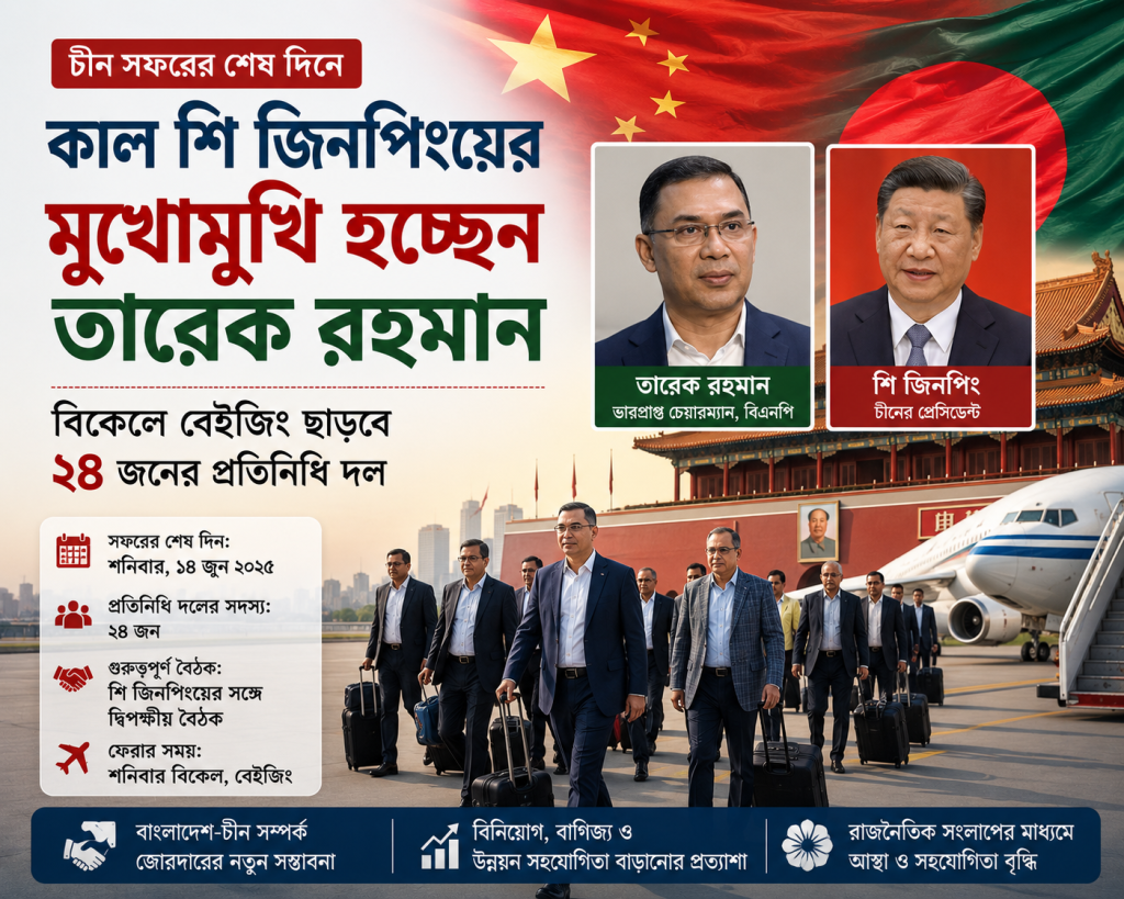 চীন সফরের শেষ দিনে কাল শি জিনপিংয়ের মুখোমুখি হচ্ছেন তারেক রহমান: বিকেলে বেইজিং ছাড়বে ২৪ জনের প্রতিনিধি দল