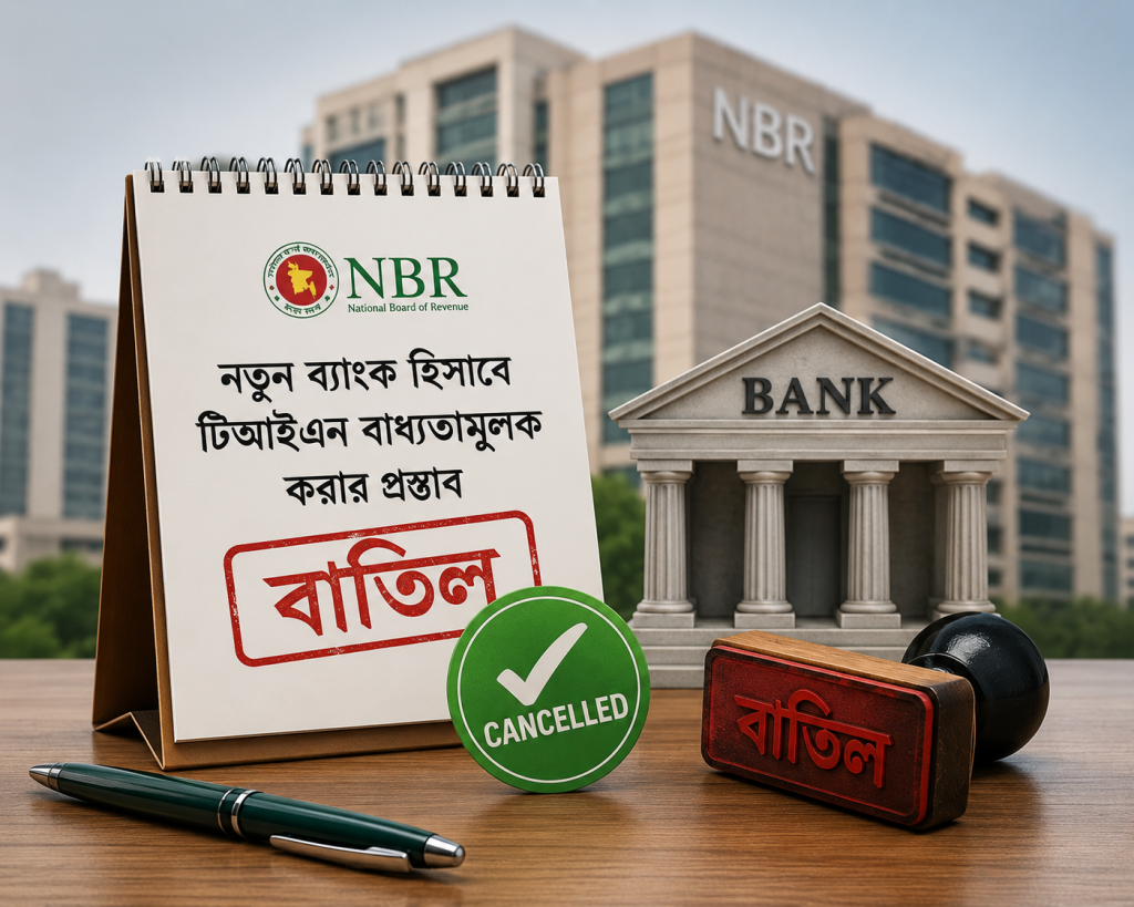 ব্যাপক সমালোচনার মুখে পিছু হটছে এনবিআর: নতুন ব্যাংক হিসাবে টিআইএন বাধ্যতামূলক করার প্রস্তাব বাতিল হচ্ছে