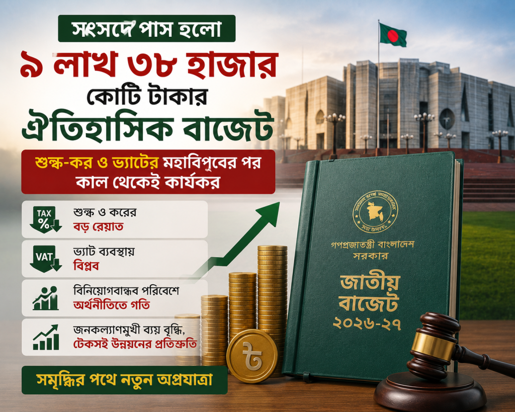 সংসদে পাস হলো ৯ লাখ ৩৮ হাজার কোটি টাকার ঐতিহাসিক বাজেট: শুল্ক-কর ও ভ্যাটের মহাবিপ্লবের পর কাল থেকেই কার্যকর