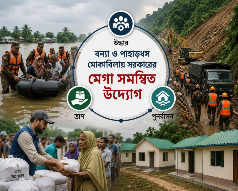বন্যা ও পাহাড়ধস মোকাবিলায় সরকারের মেগা সমন্বিত উদ্যোগ: একই সাথে চলছে উদ্ধার, ত্রাণ ও পুনর্বাসন