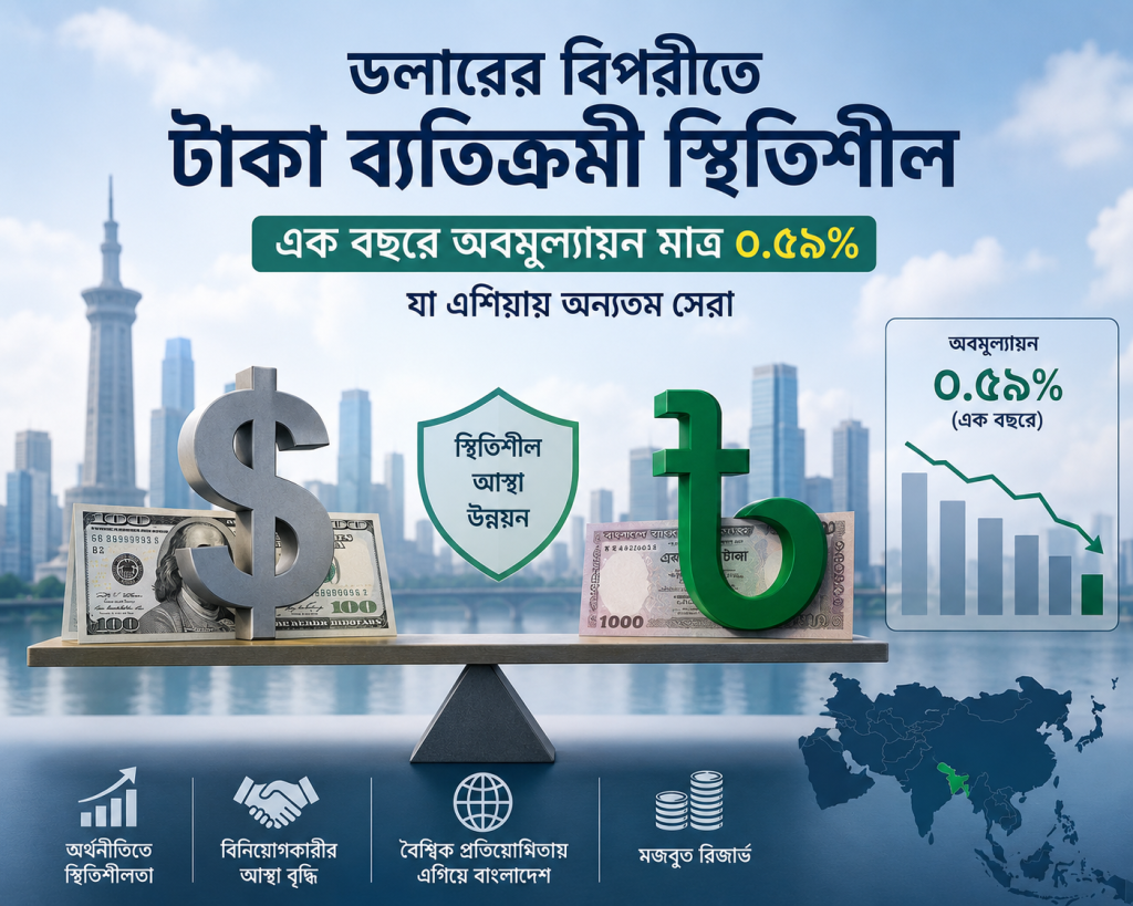 ডলারের বিপরীতে টাকা ব্যতিক্রমী স্থিতিশীল: এক বছরে অবমূল্যায়ন মাত্র ০.৫৯%, যা এশিয়ায় অন্যতম সেরা